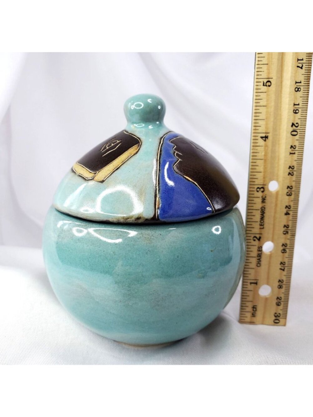 Mara Signed Mex Lidded Sugar Bowl Two Faces Abstract Stoneware Pottery Mexico - Picture 3 of 15